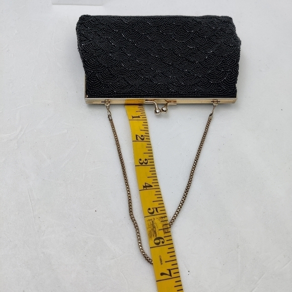 Vintage Beaded Clutch Handbag Pure Black, Satin Lining Chain Pocket Clasp Top - Picture 15 of 16